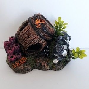 Aquarium Ornament - Barrel With Coral and Plastic Plants Blubber "6 New